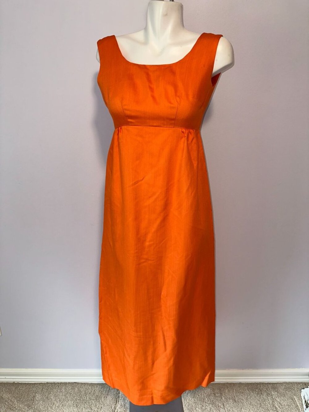 Vintage 70s Orange Maxi Dress Pumpkin Boho Hippie Empire Waist Small Sleeveless - Picture 3 of 6